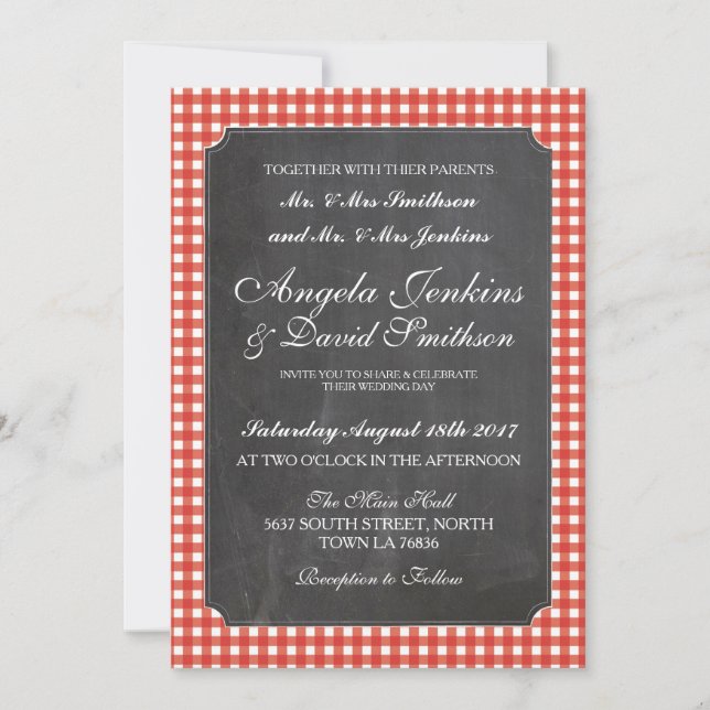 Invitation Rustic Chalk Red Check Mariage (Devant)