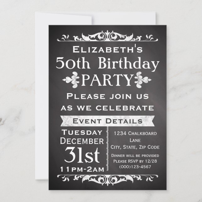 Invitation Rustic Chalkboard Ardoise 50e fête d'anniversaire (Devant)