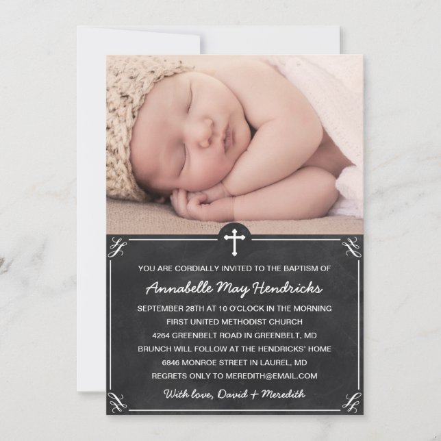 Invitation Rustic Chalkboard Photo Baptême/Christening (Devant)