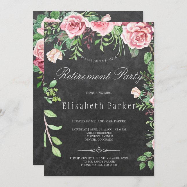 Invitation Rustic Chalkboard rose Roses Parti de retraite (Devant / Derrière)