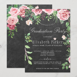 Invitation Rustic Chalkboard Rose Roses Partie de graduation