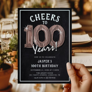 Invitation Rustic Chalkboard RoseGold Balloons 100e anniversa