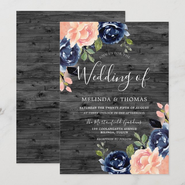 Invitation Rustic Charcoal Blush & Navy Blue Flowers Mariage (Devant / Derrière)