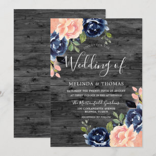 Invitation Rustic Charcoal Blush & Navy Blue Flowers Mariage