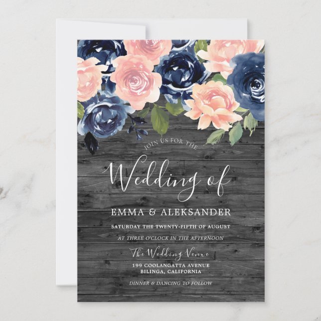 Invitation Rustic Charcoal Blush & Navy Floral Mariage (Devant)