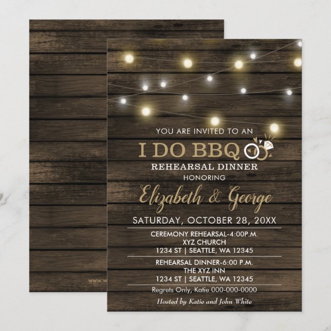 Invitation Rustic Chic Barn Bois Je fais BBQ Répétition Dîner (Devant / Derrière)