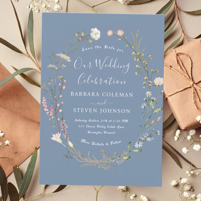 Invitation Rustic Chic Boho Fleur sauvage Periwinkle Mariage (Créateur téléchargé)