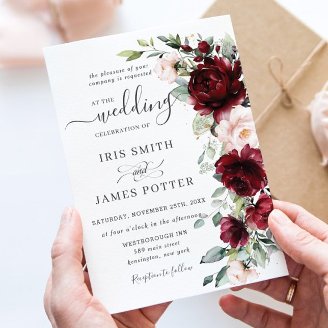 Invitation Rustic Chic Burgundy Blush Pink Floral Wedding (Créateur téléchargé)