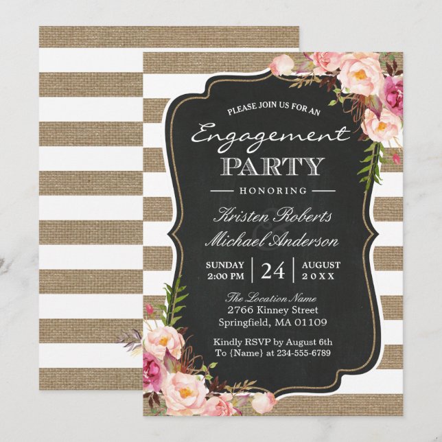 Invitation Rustic Chic Burlap Stripes Floral Engagement Party (Devant / Derrière)