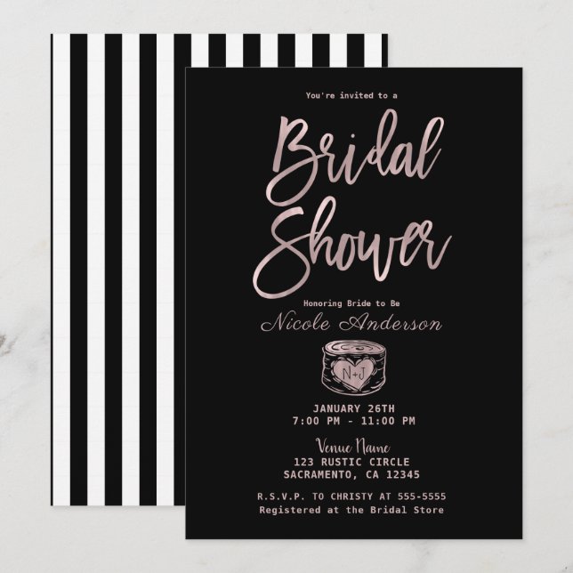 Invitation Rustic Chic Rose Gold Pink Stripes Fête des mariée (Devant / Derrière)