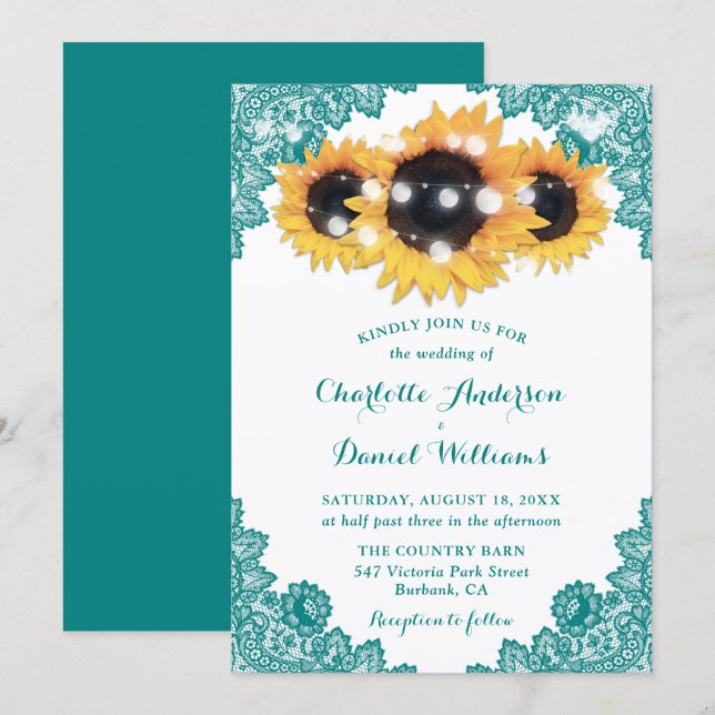 Invitation Rustic Chic Turquoise Lace Mariage de tournesol (Devant / Derrière)