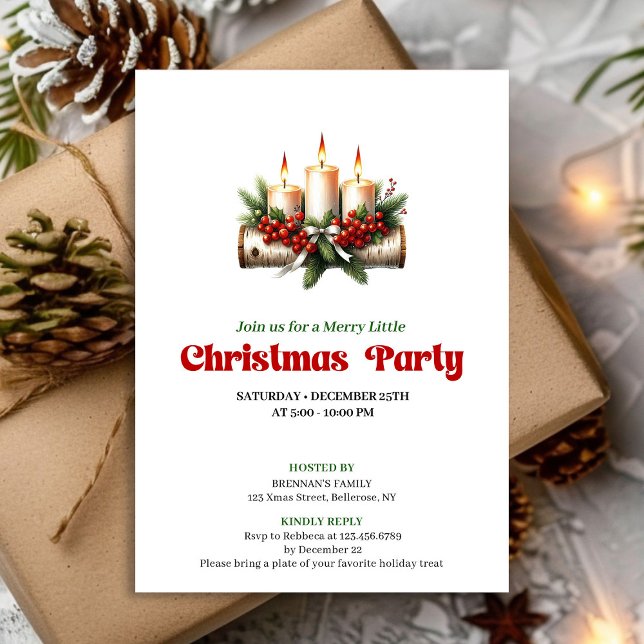 Invitation Rustic Christmas Decoration Holly Berries Card (Cozy Pine Wreath Christmas Candles Party Card)