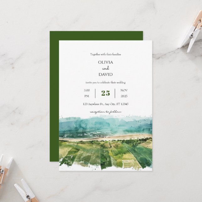 Invitation Rustic Coastal Green Farmlands Voir Plage Mariage (Devant/Arrière en situation)