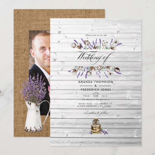 Invitation Rustic Cotton Lavender Pays Barre Mariage Photo (Devant / Derrière)