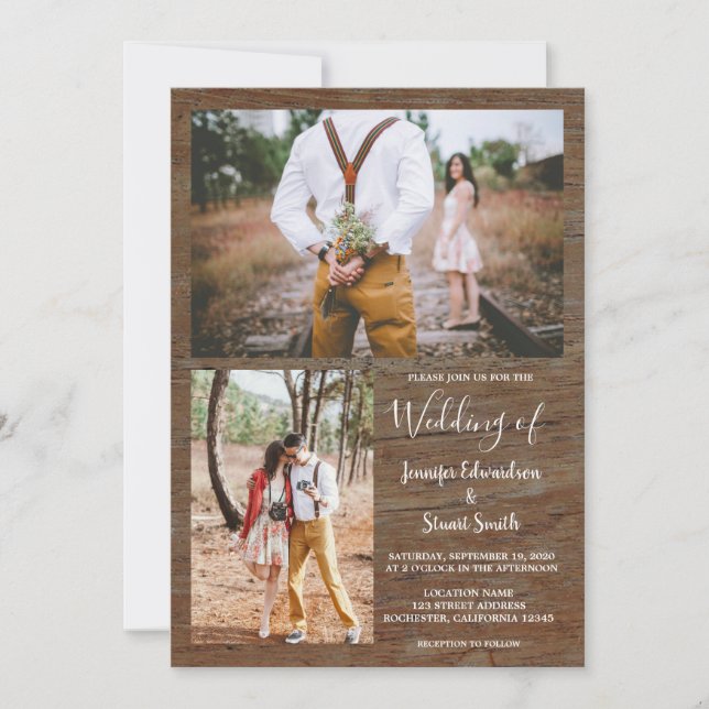 Invitation Rustic country barn wood photo collage wedding (Devant)