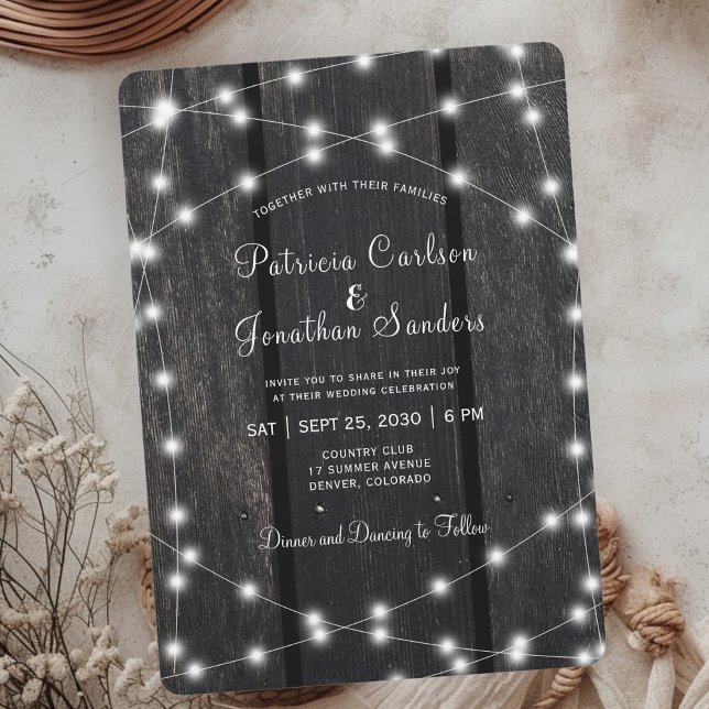 Invitation Rustic country barn wood string lights wedding (Créateur téléchargé)