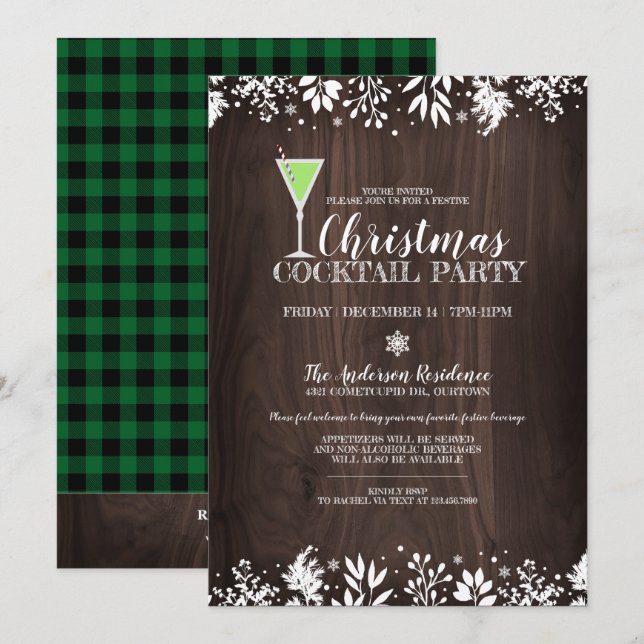 Invitation Rustic Country Botanical Christmas Cocktail Party (Devant / Derrière)