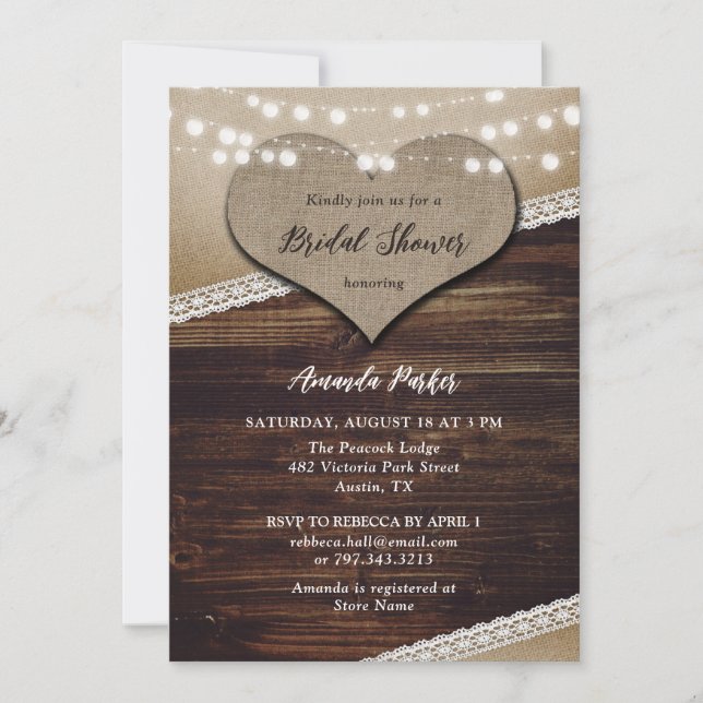 Invitation Rustic Country Burlap Fête des mariées dentelle (Devant)