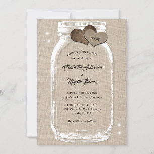 Invitation Rustic Country Burlap Hearts Mason Jar Mariage