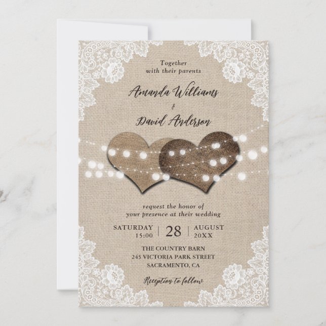 Invitation Rustic Country Burlap Lace String Mariage (Devant)