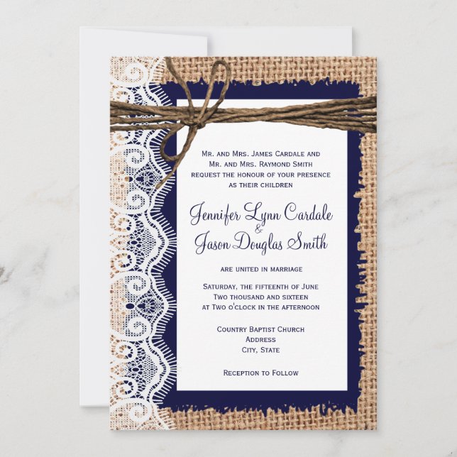 Invitation Rustic Country Burlap Lace Twine Wedding Invite (Devant)