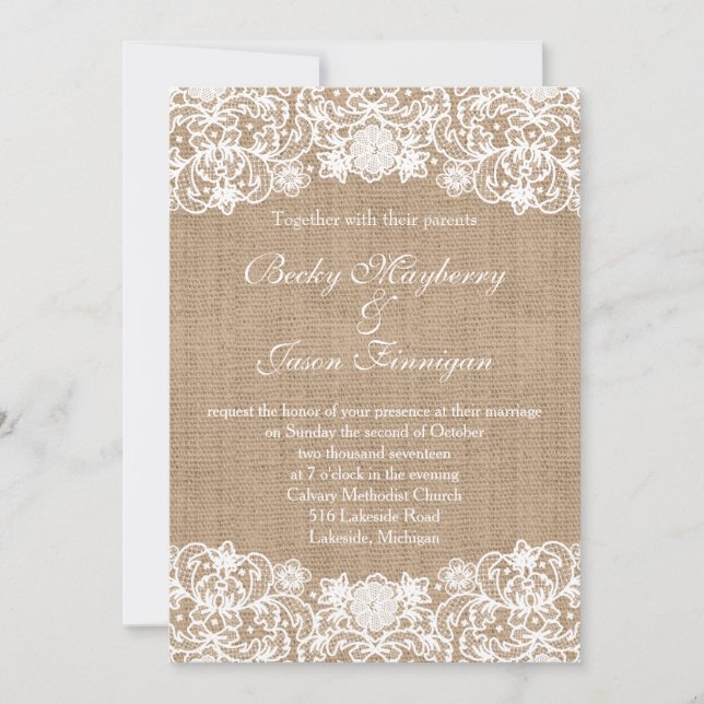 Invitation Rustic Country Burlap Lace Wedding Invite (Devant)