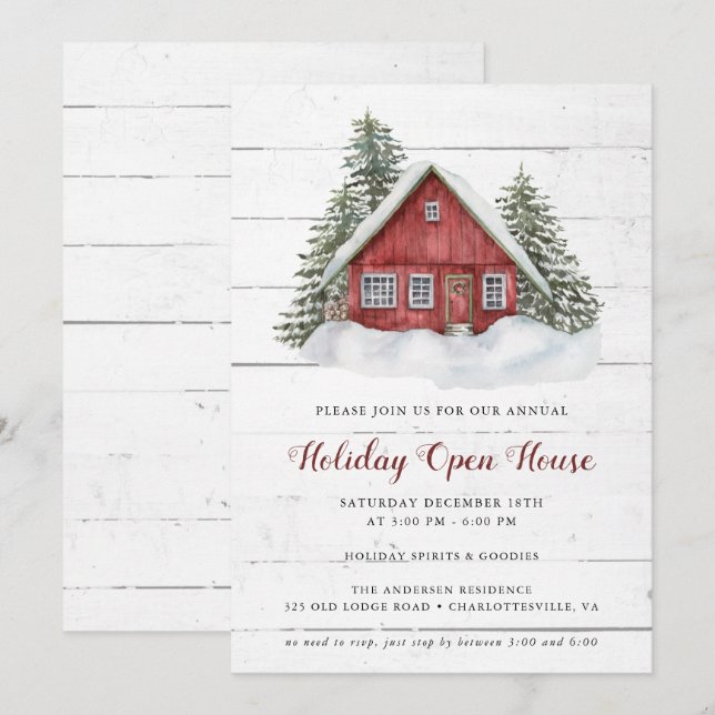 Invitation Rustic Country Cabine Holiday Open House Invitatio (Devant / Derrière)