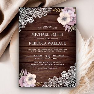 Invitation Rustic Country Chic dentelle bois rose Mariage flo