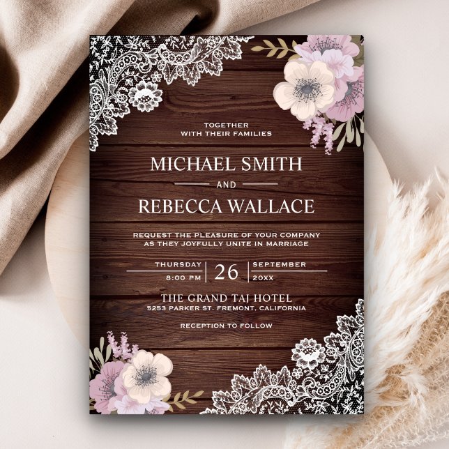 Invitation Rustic Country Chic dentelle bois rose Mariage flo (Créateur téléchargé)