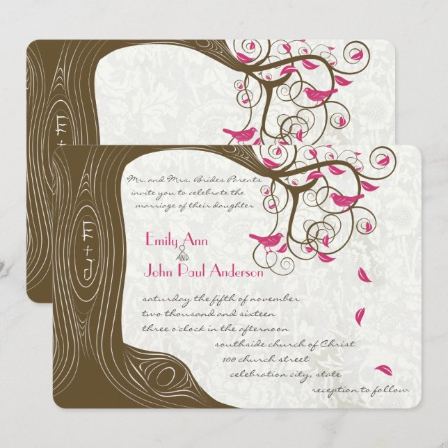 Invitation Rustic Country Chic Tree Oiseaux roses Mariages (Devant / Derrière)