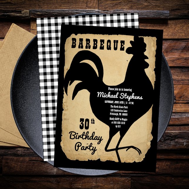 Invitation Rustic Country Chicken BBQ 30e fête d'anniversaire (Rustic Country Rooster Chicken BBQ 30th Birthday Party Invitation)