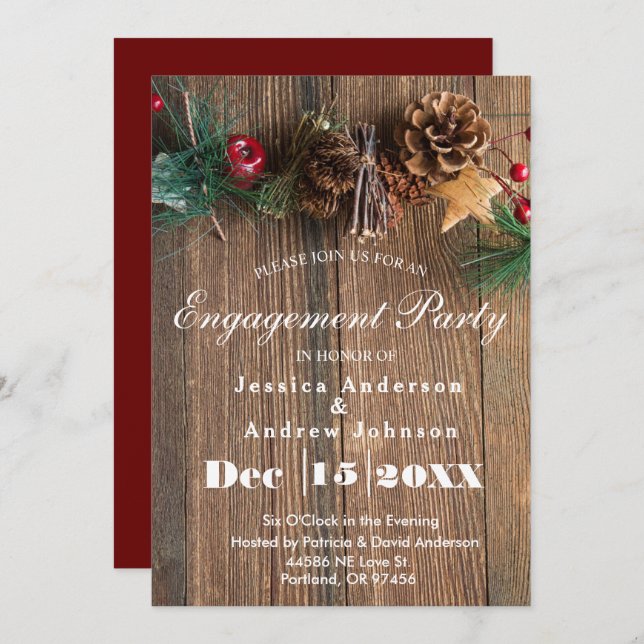 Invitation Rustic Country Christmas Engagement Party (Devant / Derrière)