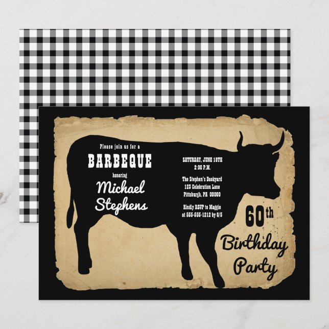 Invitation Rustic Country Cow 60e Anniversaire de fête Barbeq (Devant / Derrière)