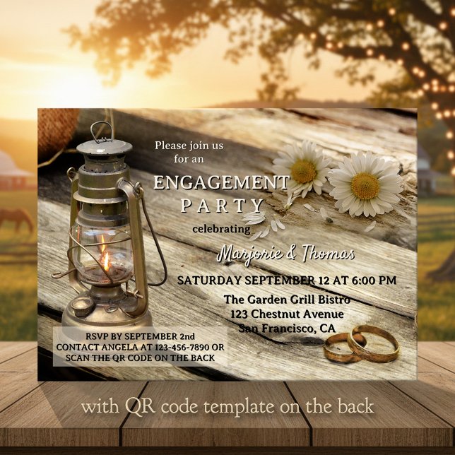 Invitation Rustic Country Engagement Party  (Engagement invitation in a country style with a rustic wood table with lantern, rings and daisies)