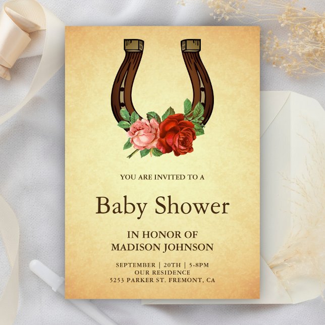 Invitation Rustic Country Floral Horseshoe Baby shower (Créateur téléchargé)