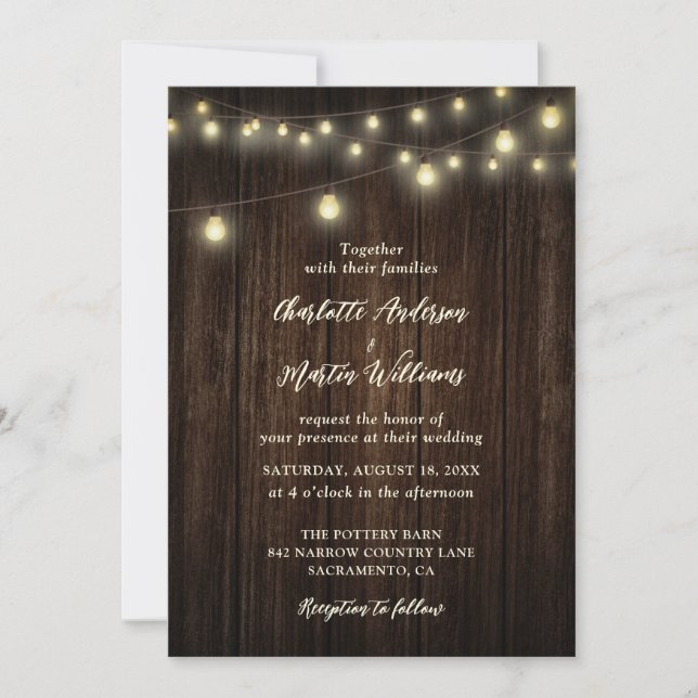 Invitation Rustic Country Grange Bois Chaîne Lumière Mariage (Devant)