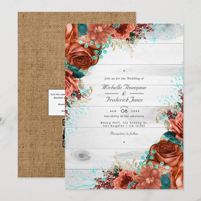 Invitation Rustic Country Grange Coral et Turquoise Floral Ma (Devant / Derrière)