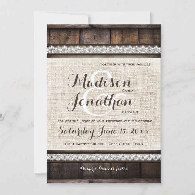 Invitation Rustic Country Grange Dentelle en bois de bois Inv (Devant)