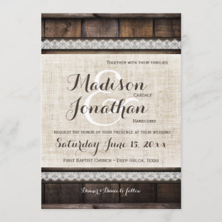 Invitation Rustic Country Grange Dentelle en bois de bois Inv