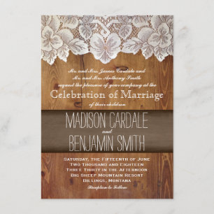 Invitation Rustic Country Grange Dentelle en bois de bois Inv