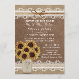 Invitation Rustic Country Grange Mariage Sunflower Mason Card