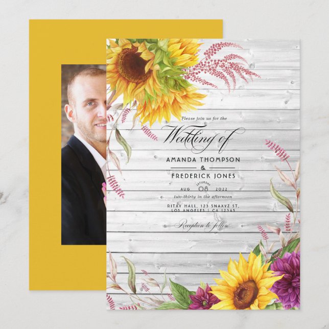 Invitation Rustic Country Grange Tournesol Mariage Photo (Devant / Derrière)