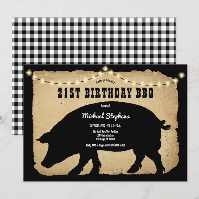 Invitation Rustic Country Hog 21e Anniversaire Barbeque - BBQ (Devant / Derrière)