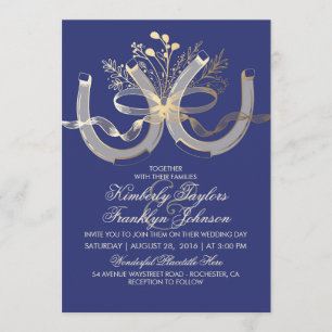Invitation Rustic Country Horseshoe Gold et Mariage de marine