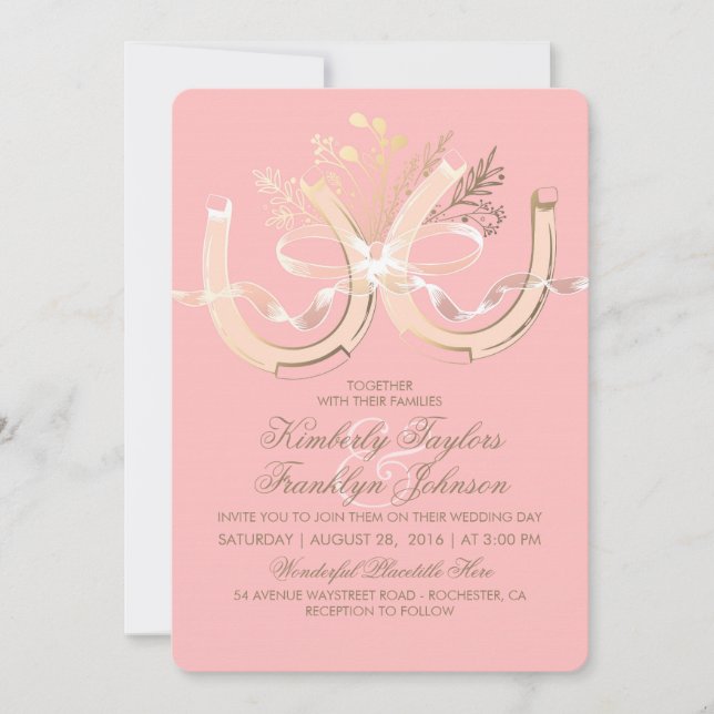 Invitation Rustic Country Horseshoe Gold et Mariage rose (Devant)