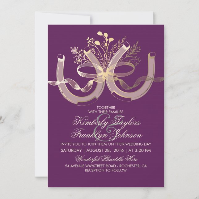 Invitation Rustic Country Horseshoe Gold et Plum Mariage (Devant)