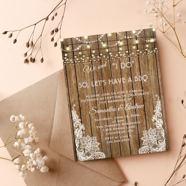 Invitation Rustic Country Lace String Lights I DO BBQ Invitat (we said I DO invitation, rustic lace wood bbq after invite, modern wood string lights wedding bbq)
