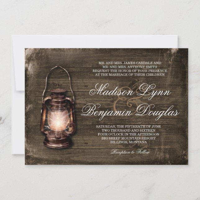 Invitation Rustic Country Lantern Grange Mariage en bois Invi (Devant)