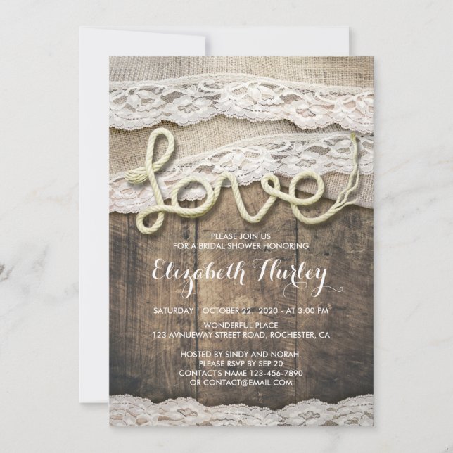 Invitation Rustic Country Love corde Burlap Fête des mariées  (Devant)