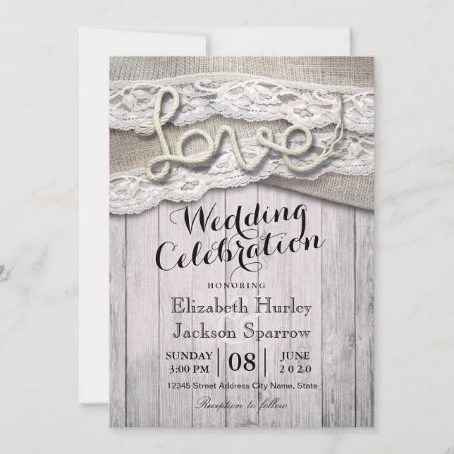 Invitation Rustic Country Love Rope Burlap Lace Barn Mariages (Devant)